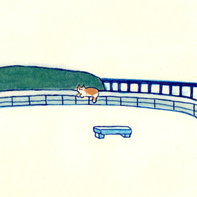 原画・イラスト】「ひとやすみ」 ※木製額縁入り（18㎝角）風景画・猫の