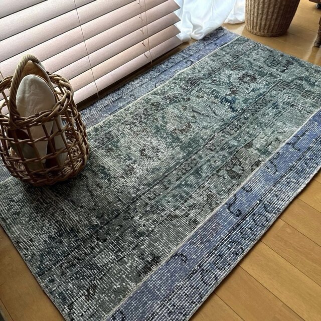 65×106 パッチワーク 空色ブルー×ラムネ色 トルコヴィンテージラグ