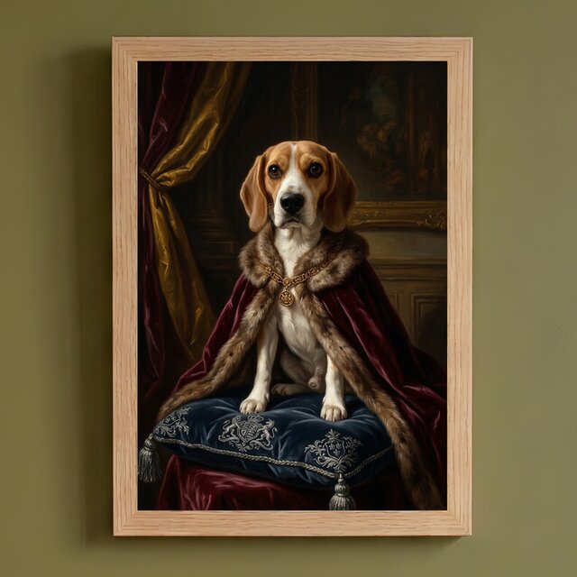 犬（ビーグル）のルネサンス風肖像画 油絵風アートA4額装インテリア