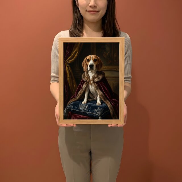 犬（ビーグル）のルネサンス風肖像画 油絵風アートA4額装インテリア