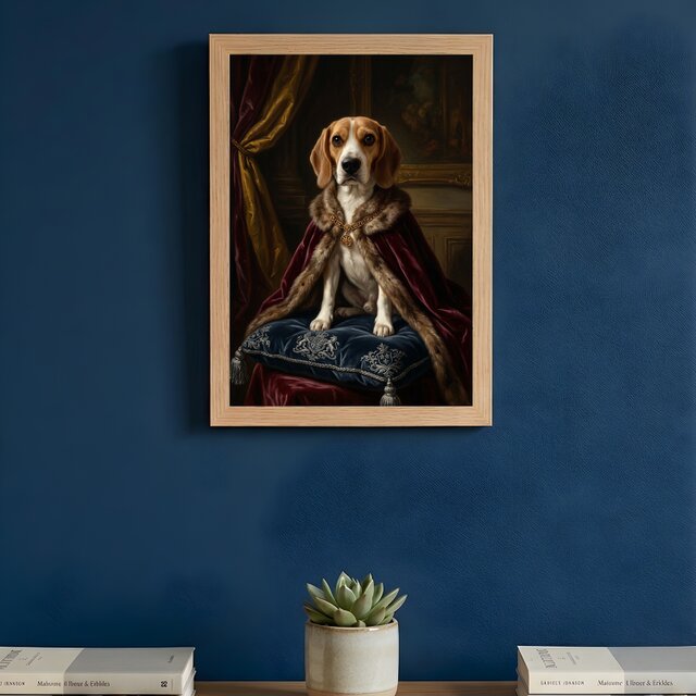 犬（ビーグル）のルネサンス風肖像画 油絵風アートA4額装インテリア