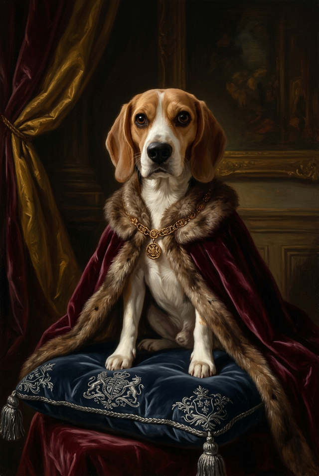 犬（ビーグル）のルネサンス風肖像画 油絵風アートA4額装インテリア