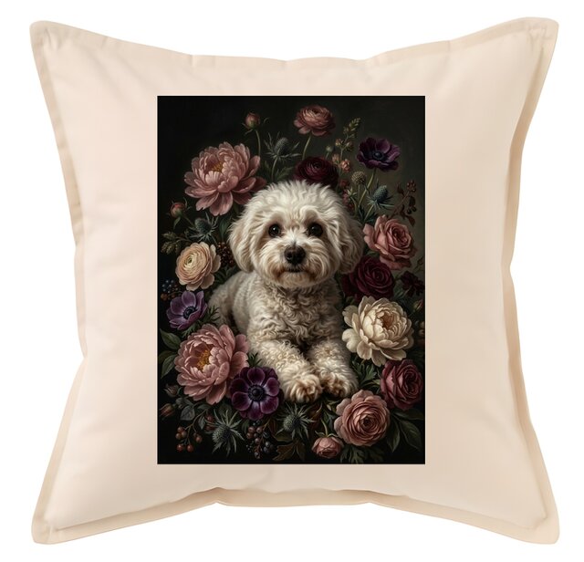 犬（ビションフリーゼ）クッション 45cm 花の油絵風カラーアート