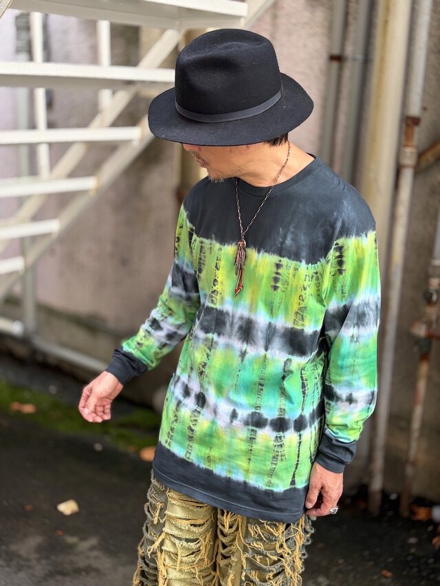 タイダイ 長袖Tシャツ XLサイズ ブラック×グリーン ボーダー