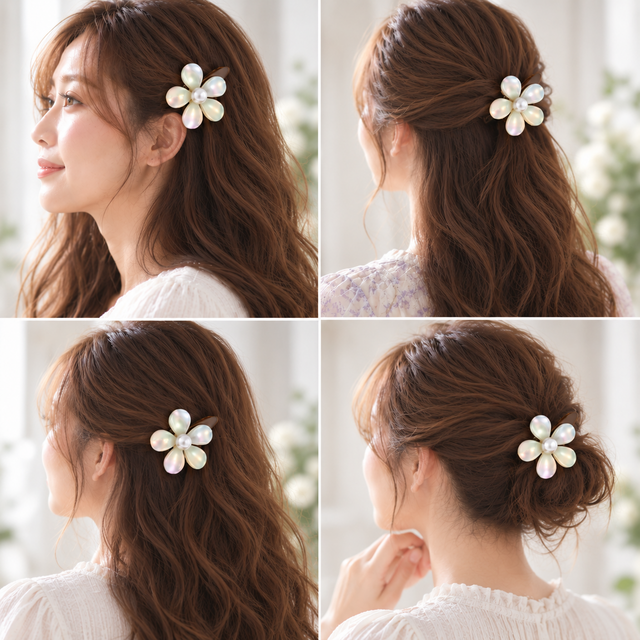 オーロラフラワー ヘアクリップ パール 花 ヘアアクセサリー 約7cm