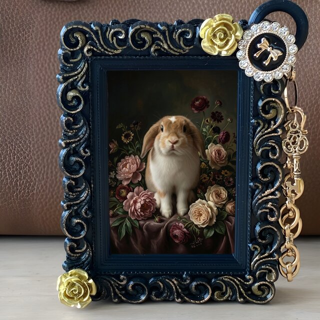 うさぎ（ミニロップ）バッグチャーム 花の油絵風アート ブラック額縁