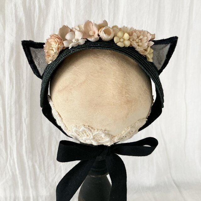 ドール用染め花と猫耳のヘッドドレス（L・ブラック) | iichi 日々の