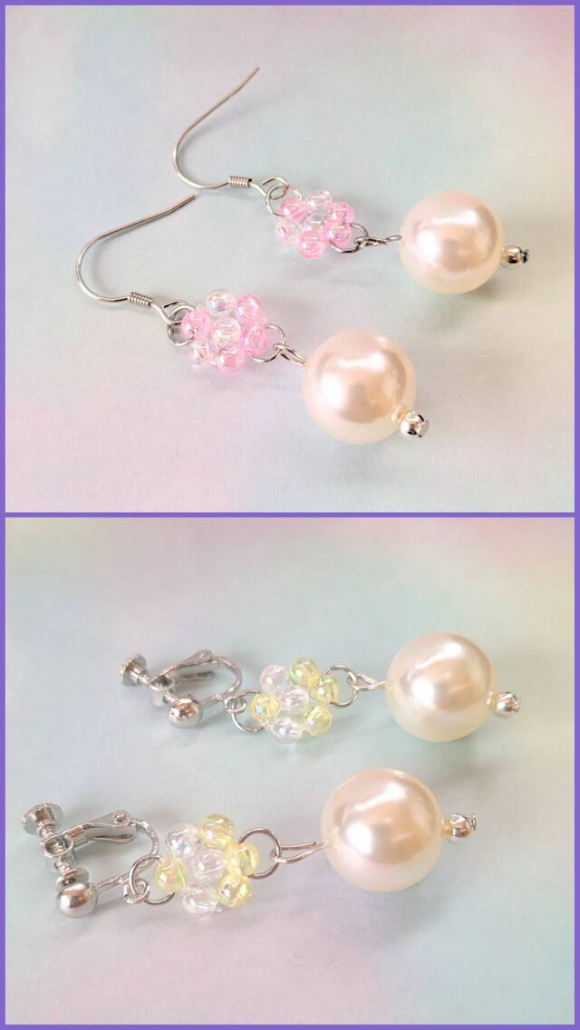 ぷっくりお花ビーズ×大粒パールのうる艶フリルピアス/イヤリング