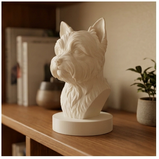 犬（ヨークシャーテリア）の3Dプリント胸像 白PLA 彫刻 置物