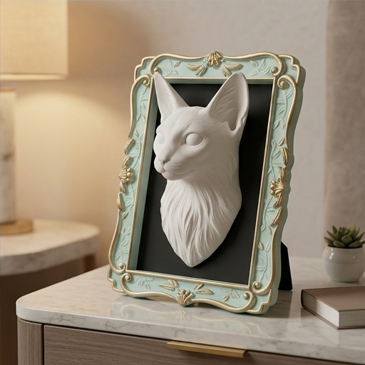 猫（ターキッシュアンゴラ）の壁掛けレリーフ 3Dプリント 白PLA