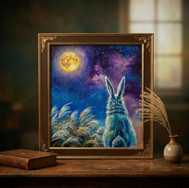 油彩画「月夜の願い」 色紙原画（アンティーク調装飾額・ギフト