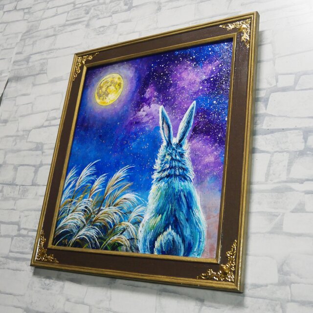 油彩画「月夜の願い」 色紙原画（アンティーク調装飾額・ギフト