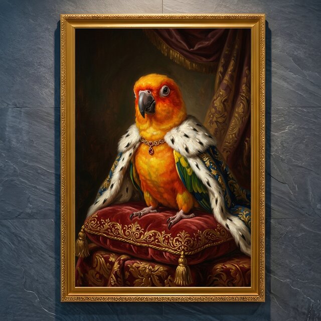 インコ（コガネメキシコインコ）のルネサンス風肖像画 A4金縁額装