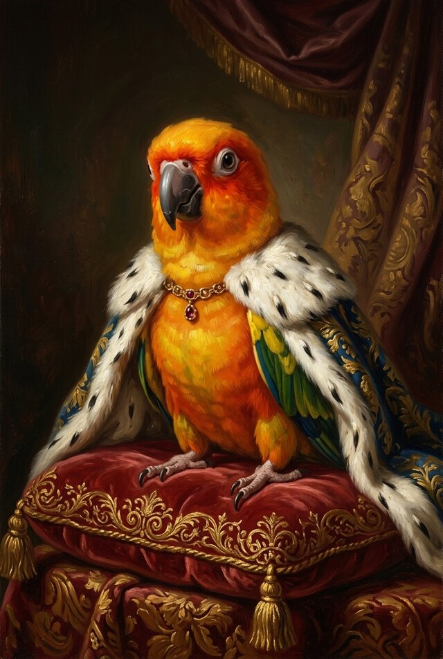 インコ　絵画 インコ（コガネメキシコインコ）のルネサンス風肖像画 A4金縁額装