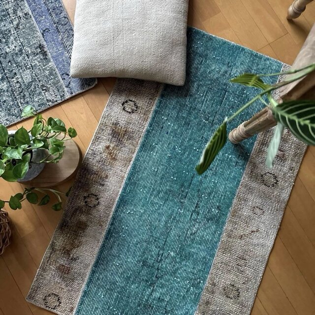 64×98パッチワーク ターコイズグリーン トルコヴィンテージラグ