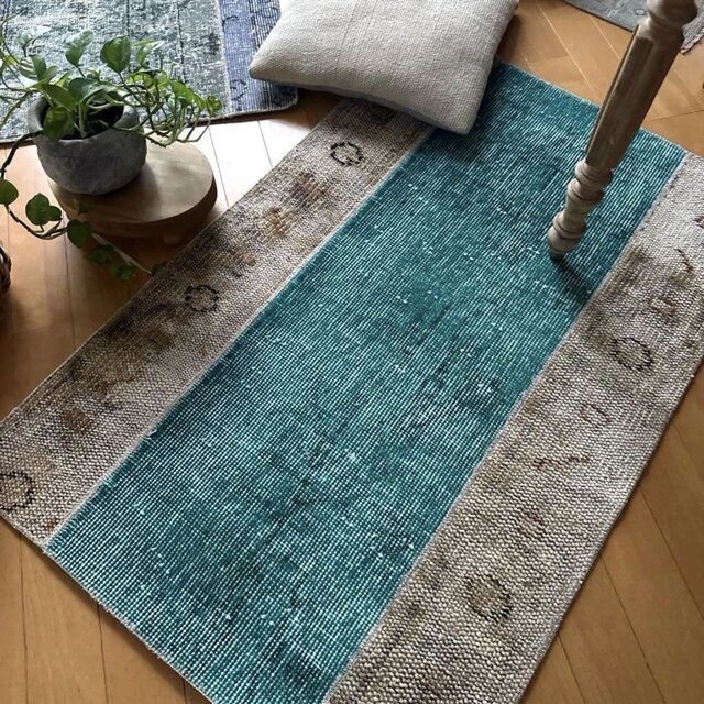 64×98パッチワーク ターコイズグリーン トルコヴィンテージラグ