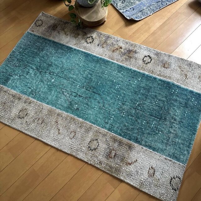 トルコ　ヴィンテージ　ラグ　パッチワーク　グリーン　ベージュ 64×98パッチワーク ターコイズグリーン トルコヴィンテージラグ