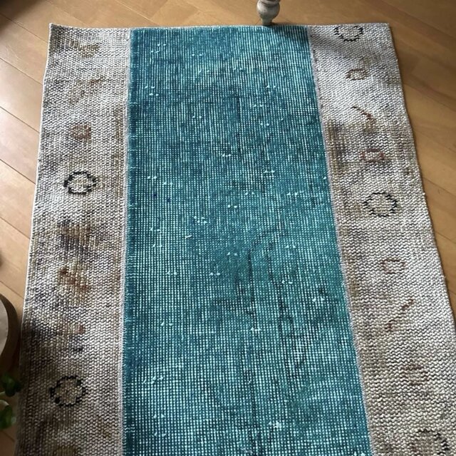 64×98パッチワーク ターコイズグリーン トルコヴィンテージラグ