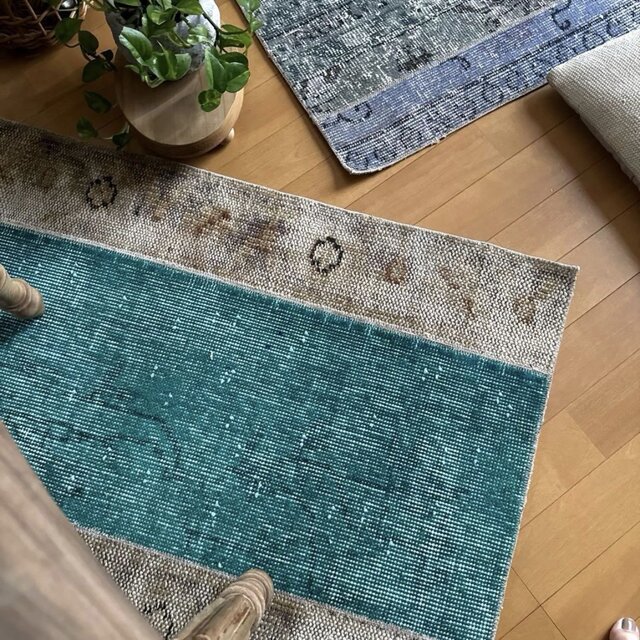64×98パッチワーク ターコイズグリーン トルコヴィンテージラグ