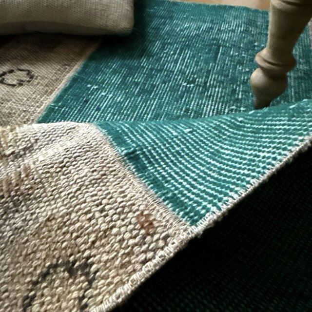 64×98パッチワーク ターコイズグリーン トルコヴィンテージラグ