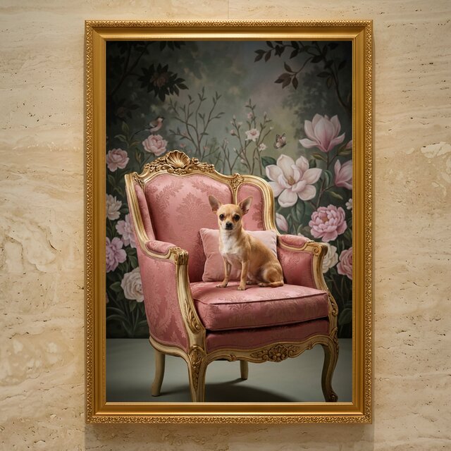 犬（チワワ）のロココ調シャビーピンクアート A3額装インテリア壁掛け