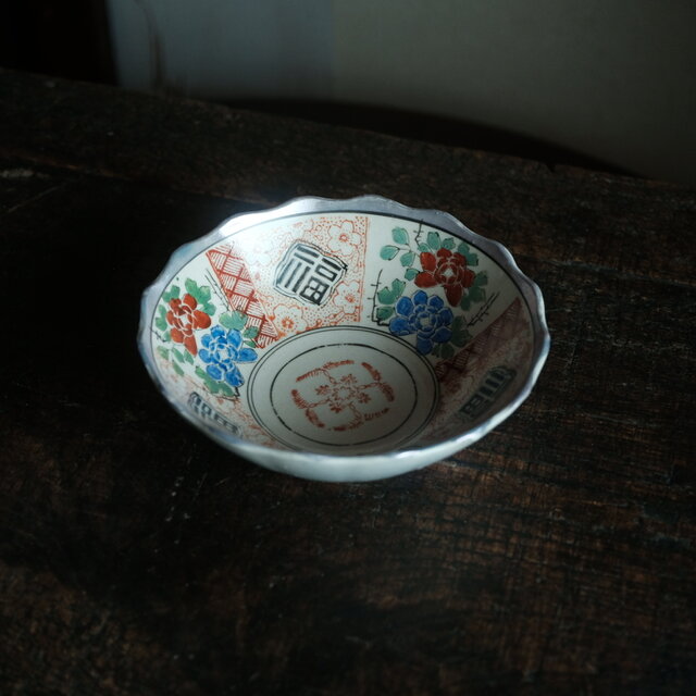 福と芍薬と桜◇時代物 花文色絵印判膾皿 骨董・antiques 古民家 古道具