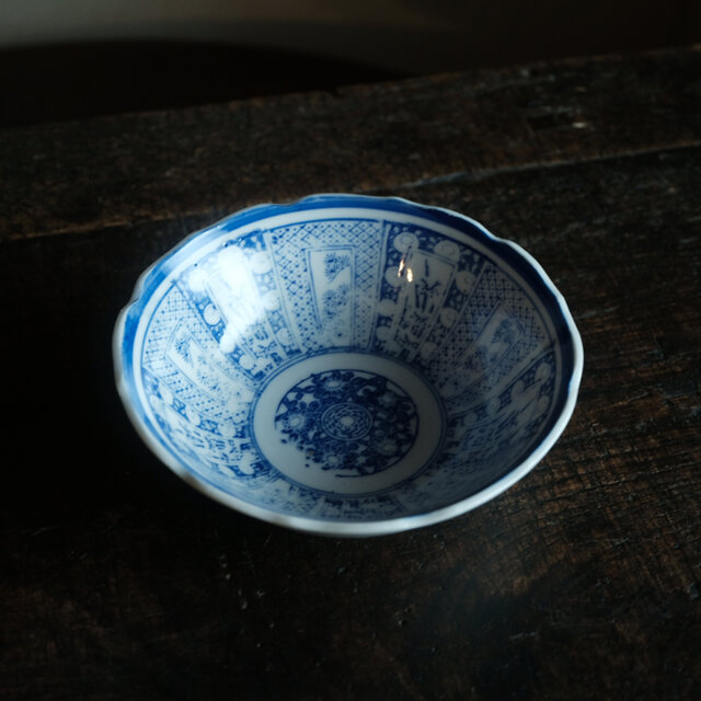 窓絵に松竹◇時代物 花鳥文色絵印判金彩膾皿 骨董・antiques 古民家