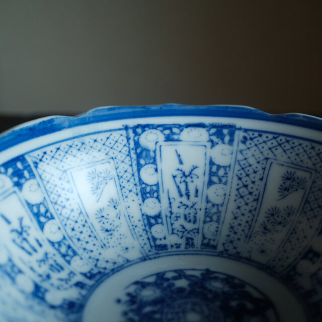 窓絵に松竹◇時代物 花鳥文色絵印判金彩膾皿 骨董・antiques 古民家