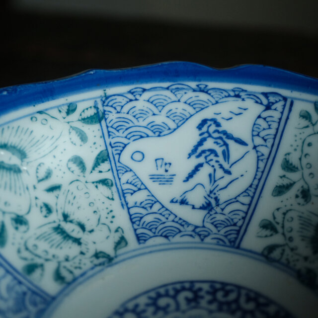 千鳥に風景◇花と蝶々。時代物 松文印判金彩膾皿 骨董・antiques 古