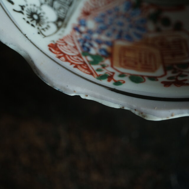 寿と福◇モノクロの桜 時代物 花文色絵印判膾皿 骨董・antiques 古民家