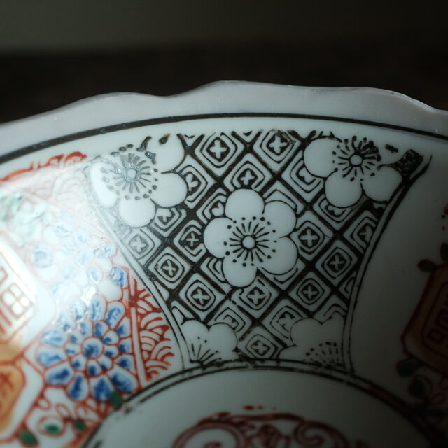 寿と福◇モノクロの桜 時代物 花文色絵印判膾皿 骨董・antiques 古民家