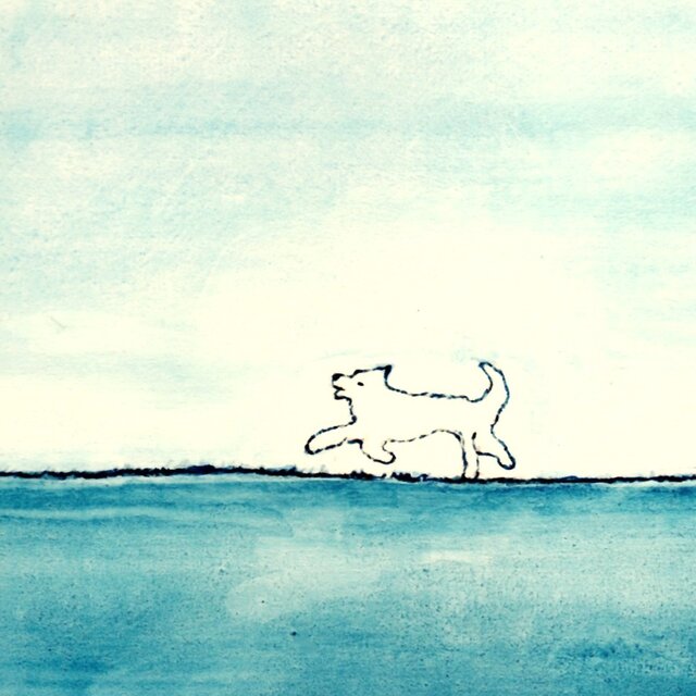原画・水彩イラスト】「三日月と白い犬」※額縁入り（太子サイズ