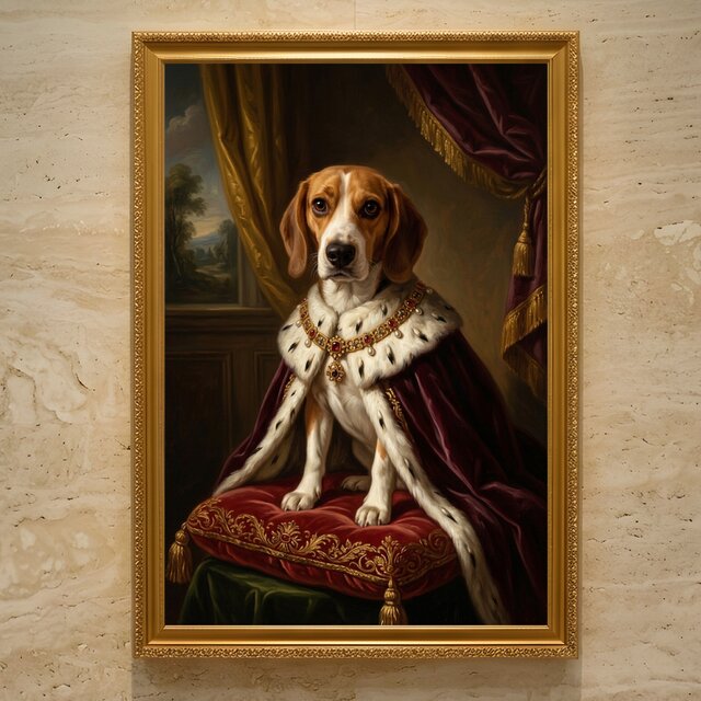 犬（ビーグル）のルネサンス風肖像画 油絵風アートA3額装インテリア
