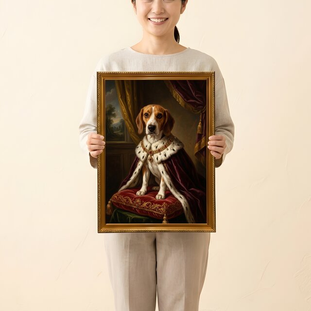犬（ビーグル）のルネサンス風肖像画 油絵風アートA3額装インテリア