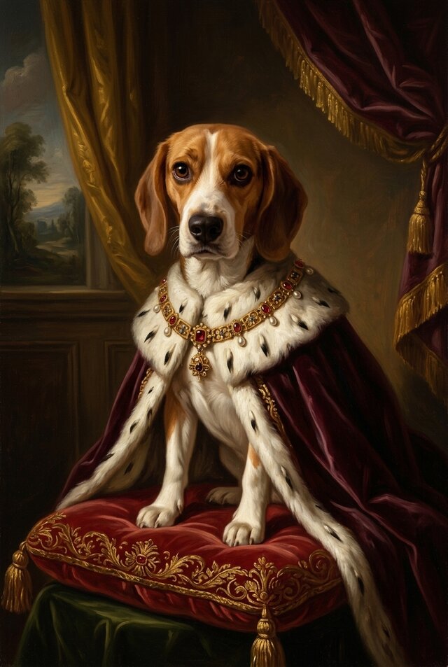 犬（ビーグル）のルネサンス風肖像画 油絵風アートA3額装インテリア