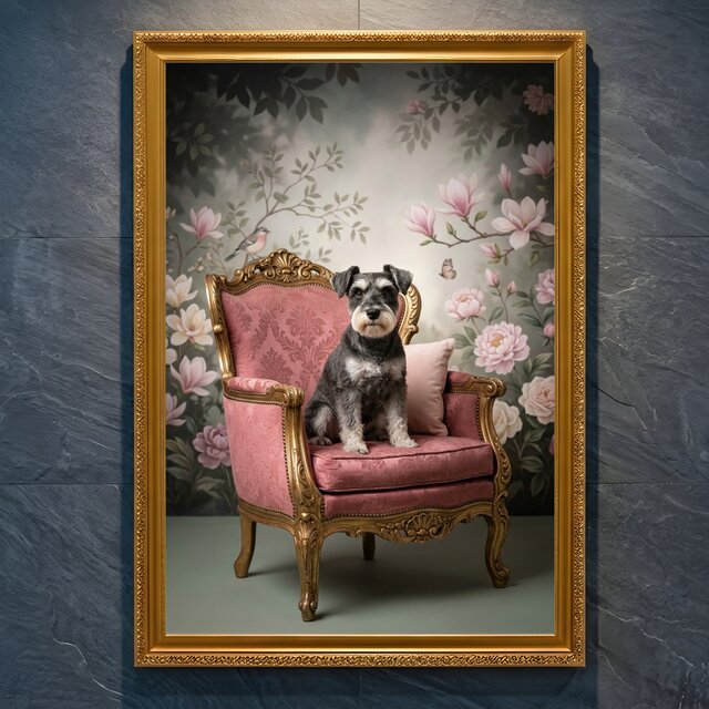 犬（ミニチュアシュナウザー）のロココ調アート A4金縁額装インテリア