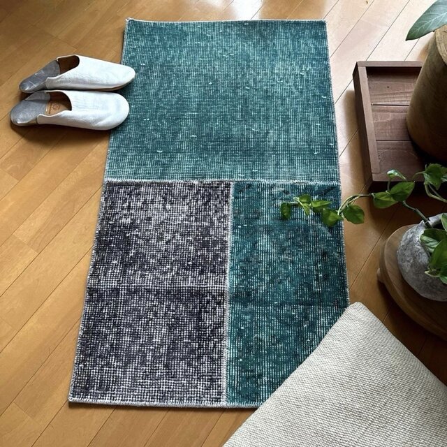 49.5×88.5 ブルーグリーン×チャコール パッチワートルコヴィンテージ