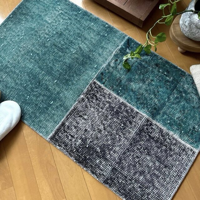 49.5×88.5 ブルーグリーン×チャコール パッチワートルコヴィンテージ
