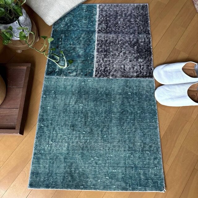 49.5×88.5 ブルーグリーン×チャコール パッチワートルコヴィンテージ
