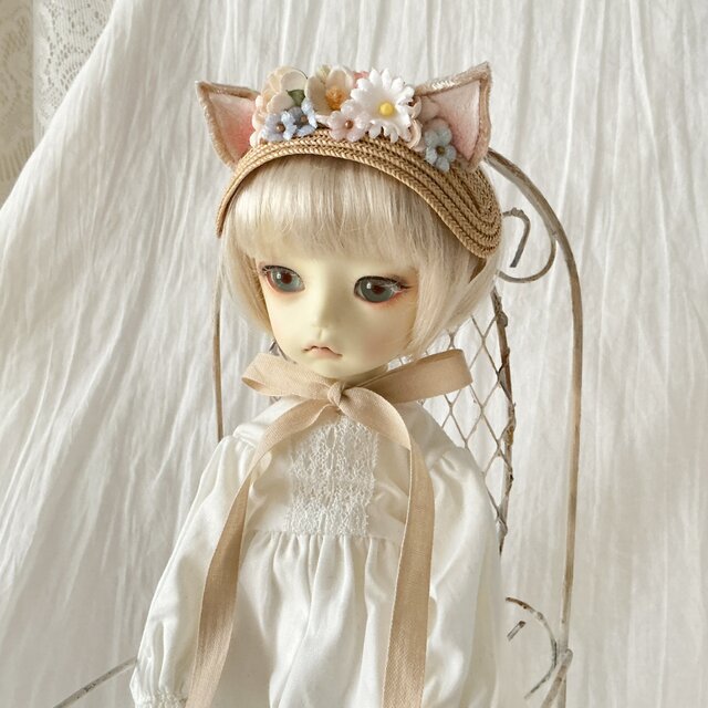 ドール用染め花と猫耳のヘッドドレス（M・ベージュ) | iichi 日々の