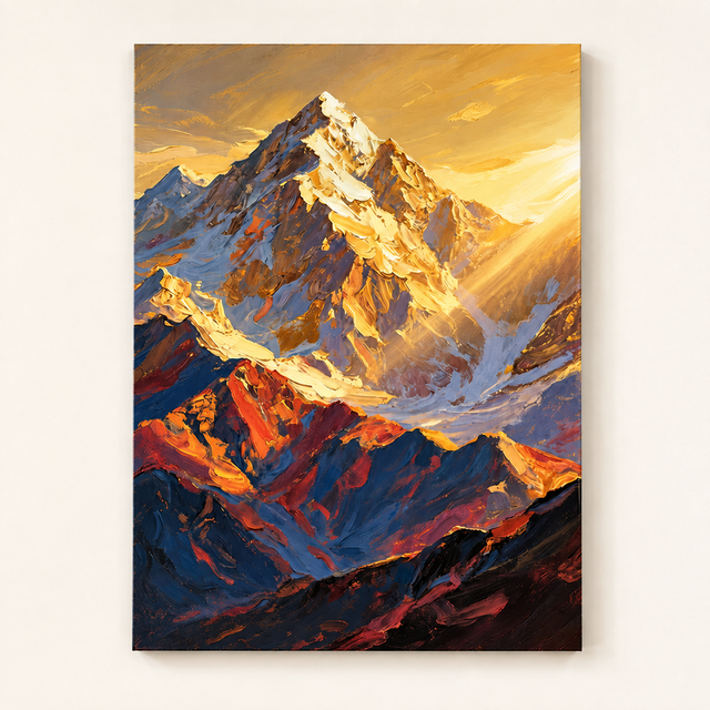 手描き油絵「日照金山」｜朝日に輝く雪山の厚塗り風景画・縦長