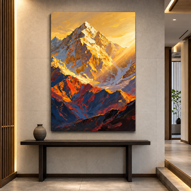 手描き油絵「日照金山」｜朝日に輝く雪山の厚塗り風景画・縦長