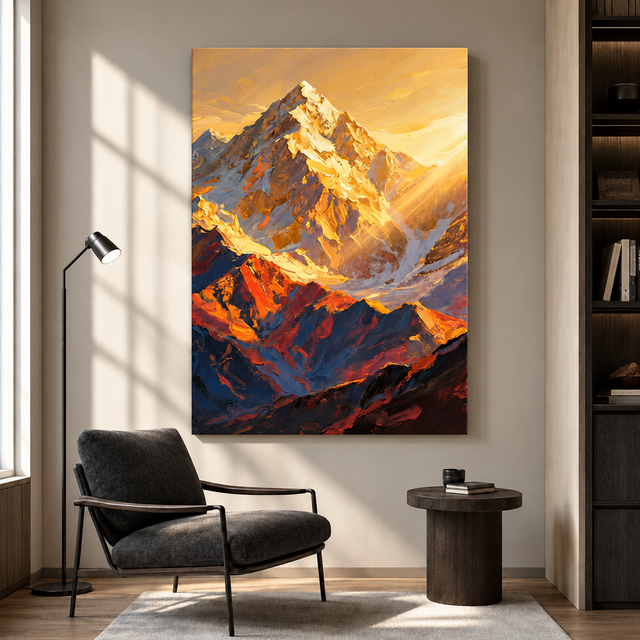 手描き油絵「日照金山」｜朝日に輝く雪山の厚塗り風景画・縦長