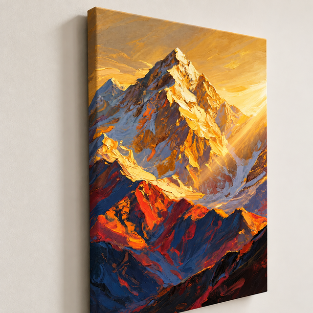 手描き油絵「日照金山」｜朝日に輝く雪山の厚塗り風景画・縦長
