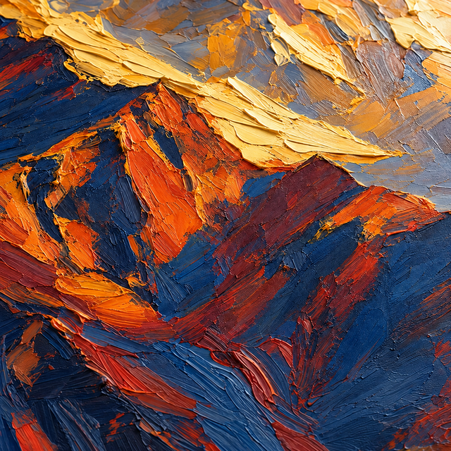 手描き油絵「日照金山」｜朝日に輝く雪山の厚塗り風景画・縦長