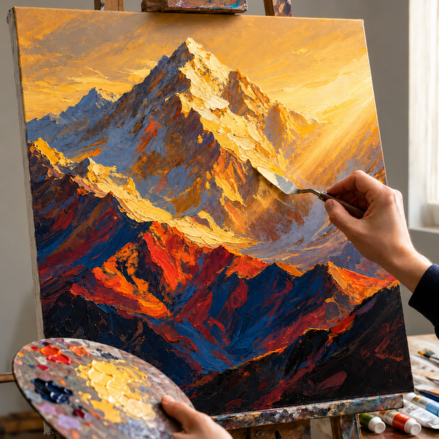 手描き油絵「日照金山」｜朝日に輝く雪山の厚塗り風景画・縦長