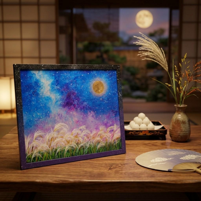 原画】黄金の月夜に揺れる ＊ 秋の夜空とススキの油絵（ラッピング無料