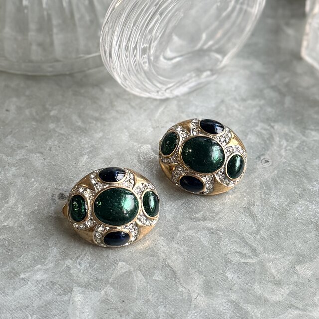 Y1262-ヴィンテージイヤリング U.S.A. 1970-80's Emerald Green & Navy