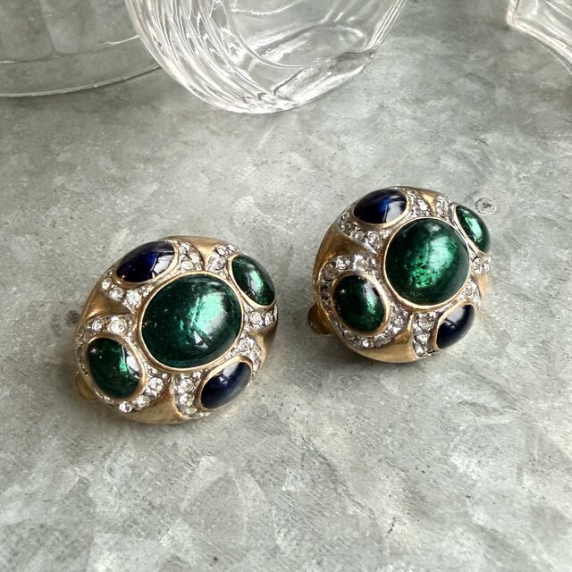 18K ヴィンテージ　イヤリング Y1262-ヴィンテージイヤリング U.S.A. 1970-80's Emerald Green & Navy