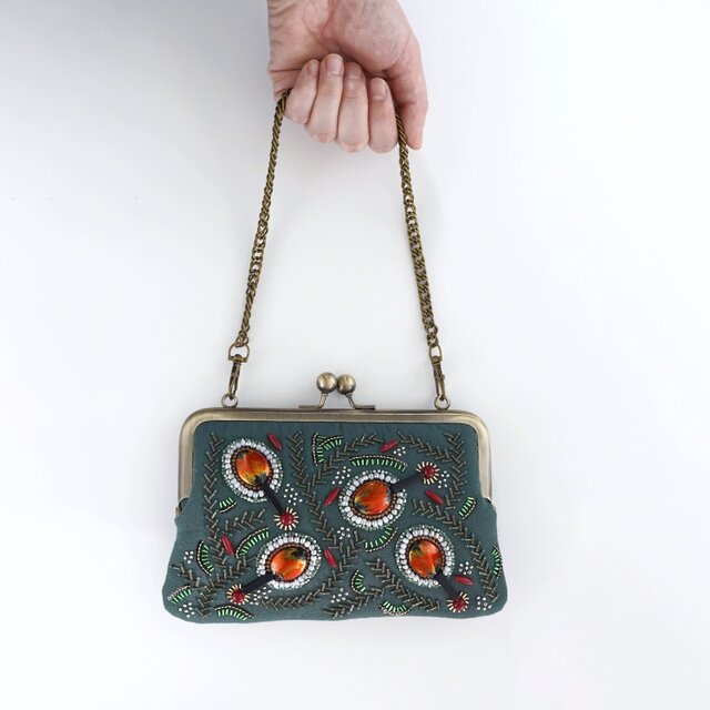 がま口バッグ ビーズ刺繍 フォレストグリーン 通帳ケース パスポート